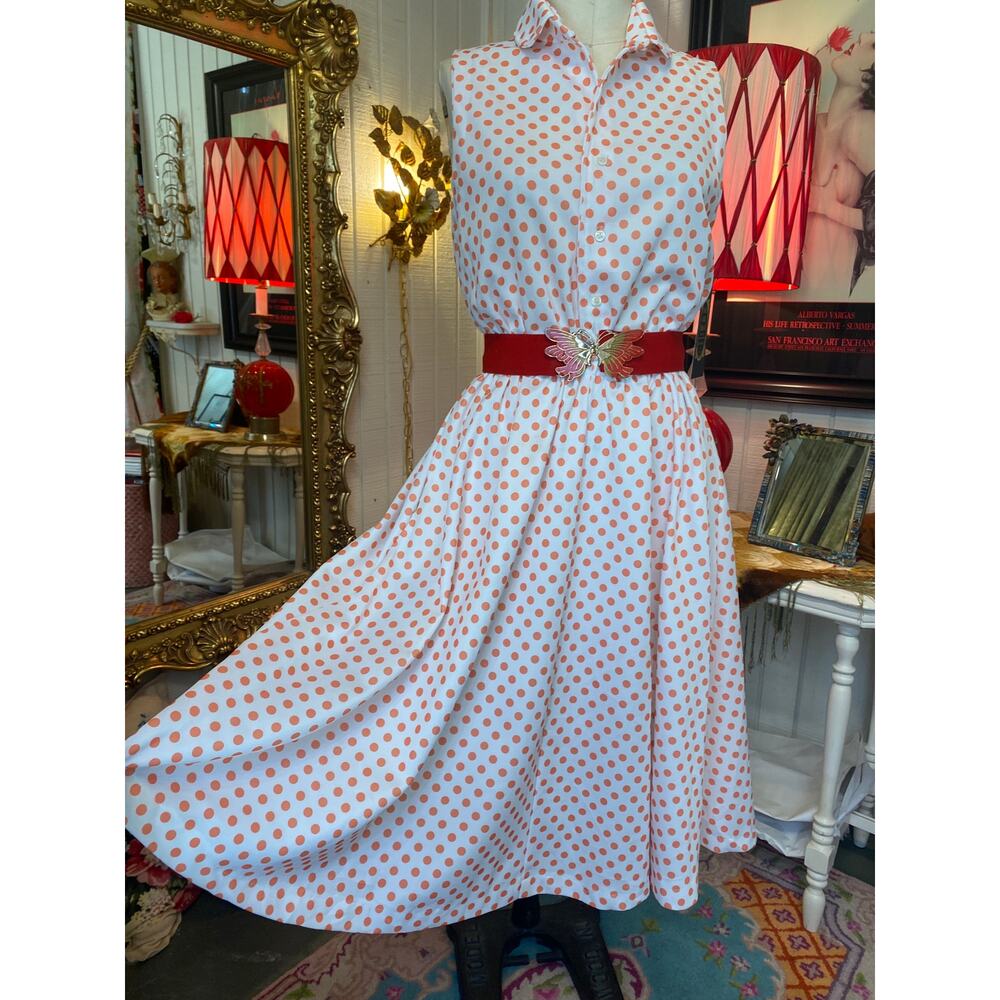 Vintage 1970s fit and flare dress orange white polkadot polyester full skirt m/l